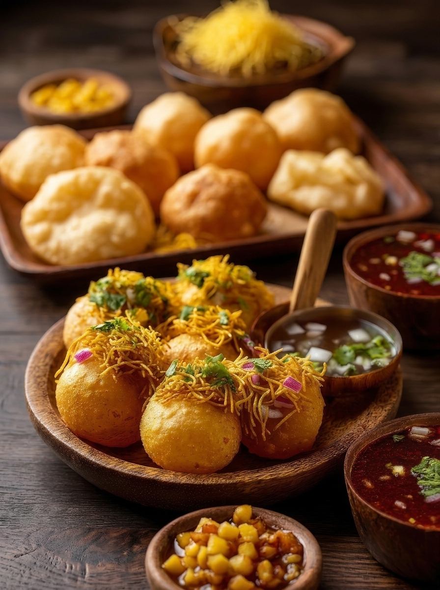 A spread of pani puri shells, chutneys and sev, ready to fill