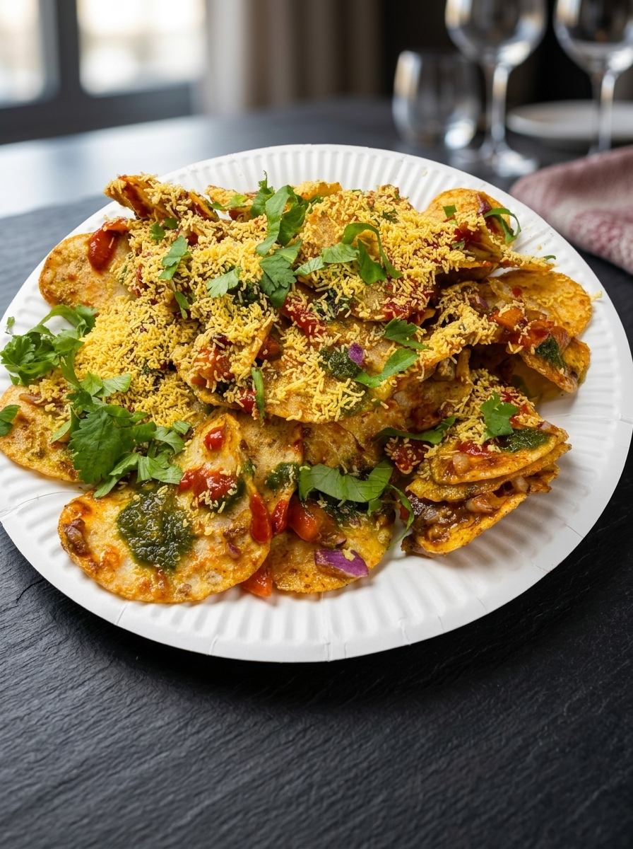 Chanachor chaat with crunchy papdi, sev and fresh coriander