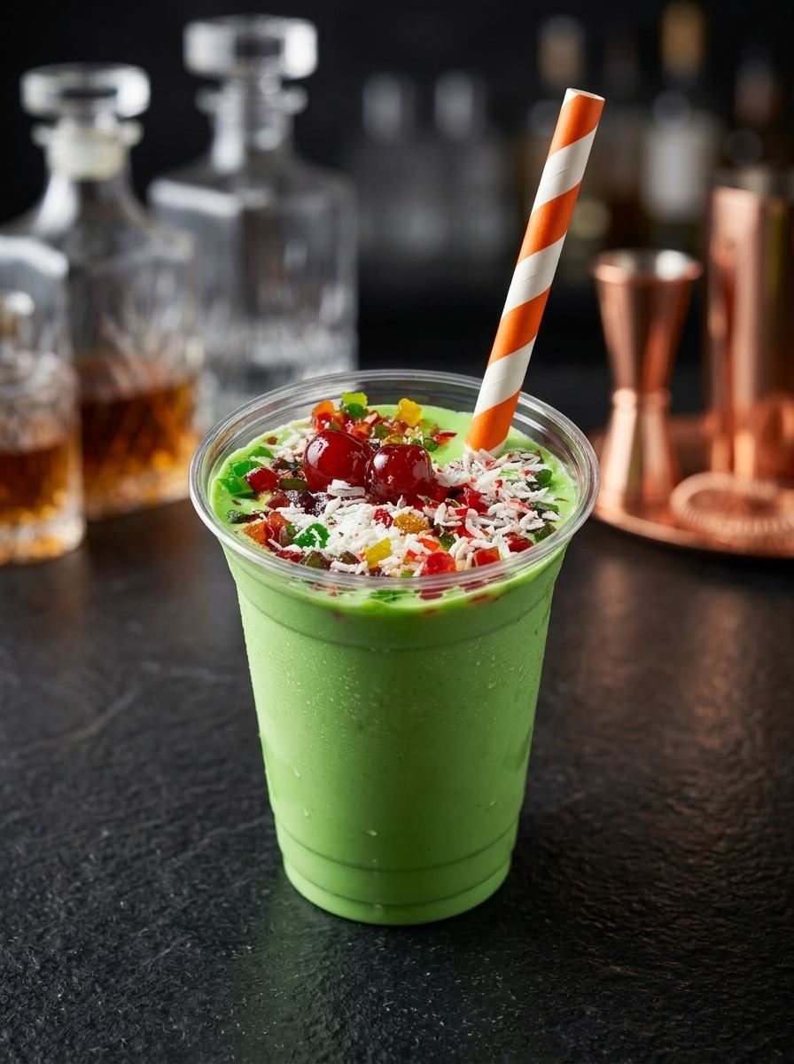 Kunafa pista lassi topped with candied fruit and coconut