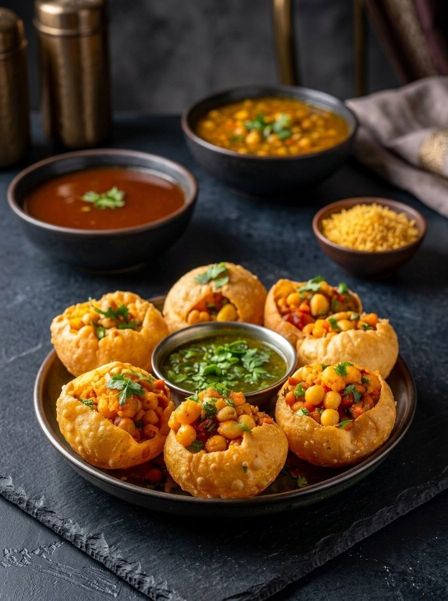 Filled pani puri shells with tamarind and mint chutney bowls
