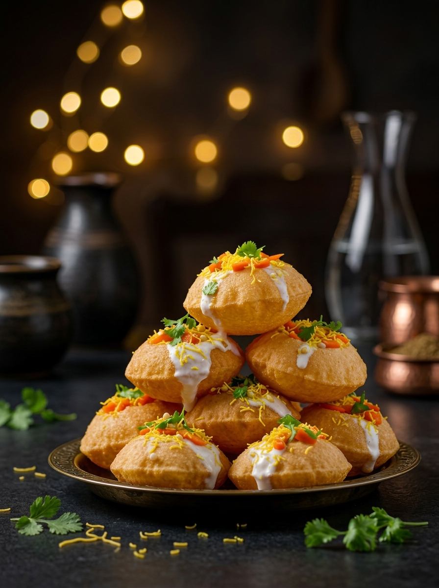A tower of pani puri shells drizzled with yoghurt and chutney