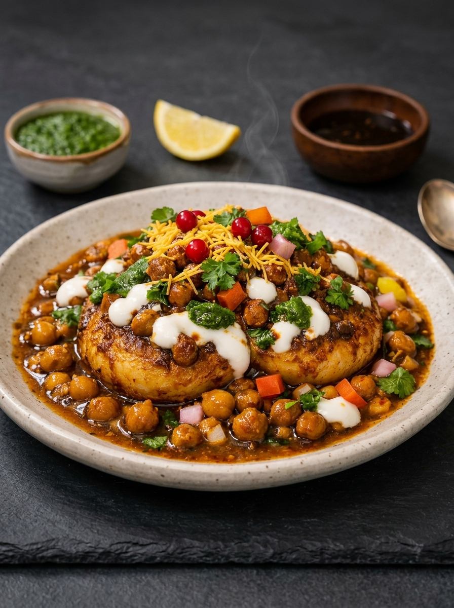Ragda pattice — spiced potato patties in white-pea curry with yoghurt and chutneys