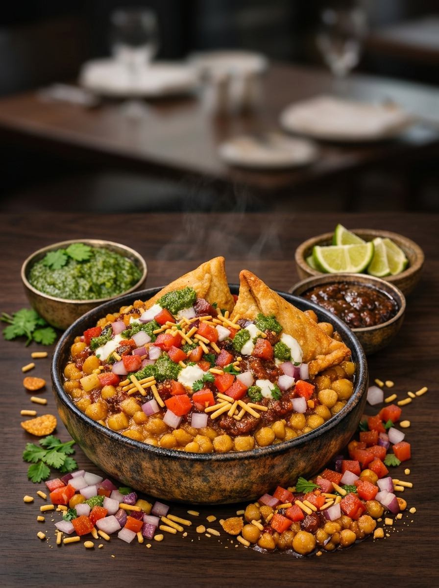 Ragda samosa chaat — samosas in a warm white-pea curry with chutneys