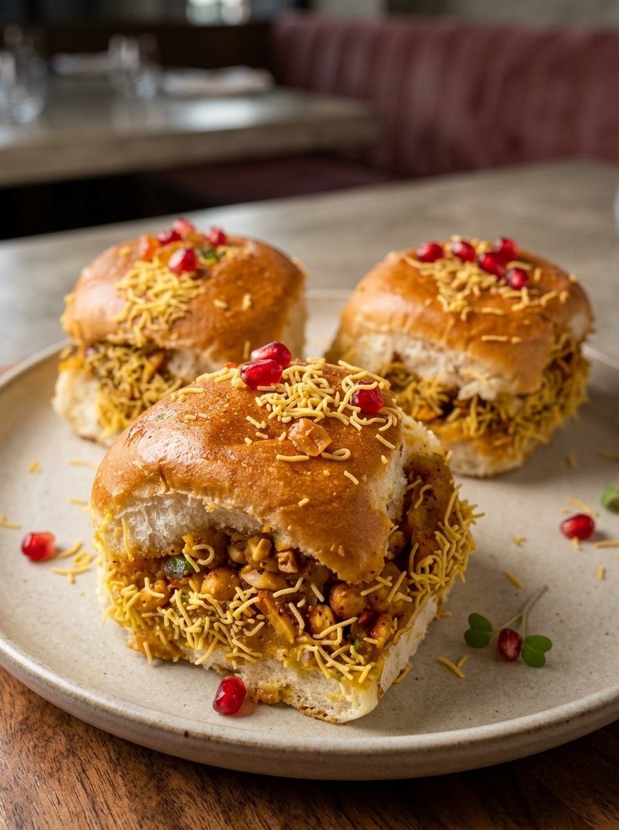 Ragda-stuffed sliders topped with sev and pomegranate