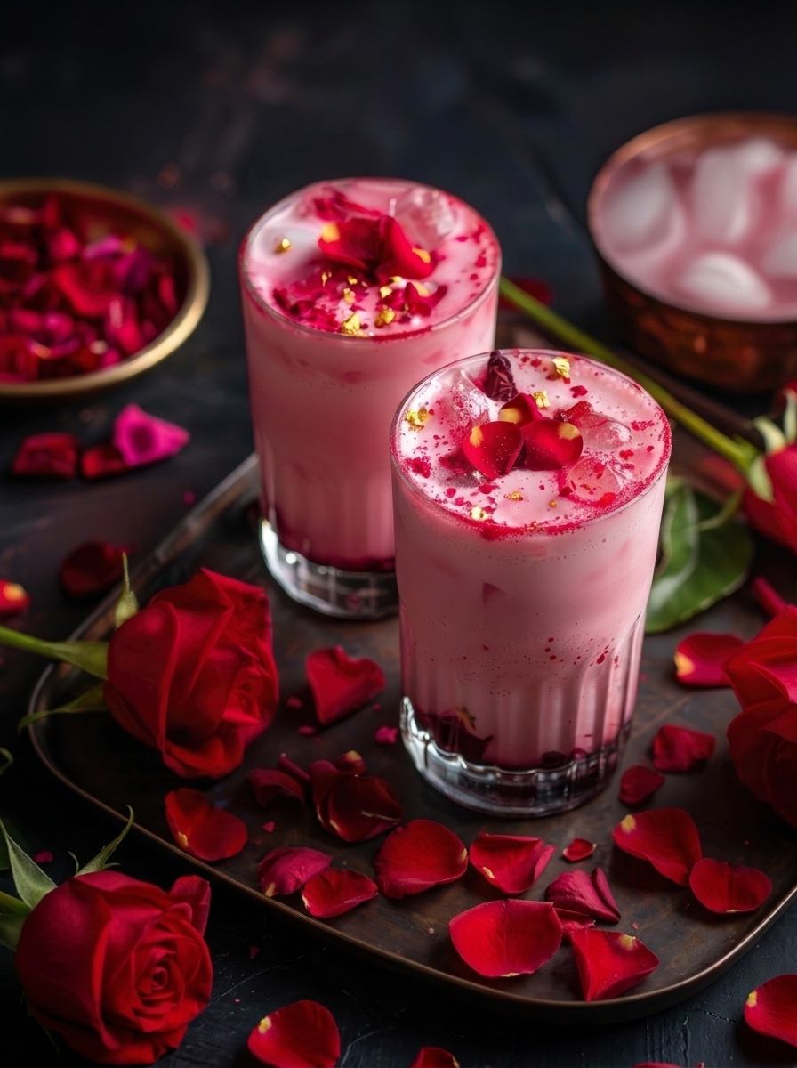 Two glasses of rose lassi garnished with rose petals and gold leaf