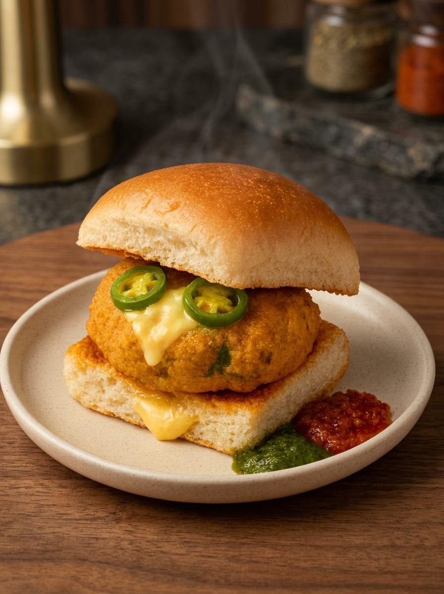 Chatori Chaat House jalapeño cheese vada pav, oozing melted cheese